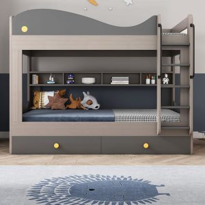 "Stylish Grey Manufactured Wood Bunk Children's Bed with 7 Drawers"