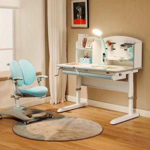 "Multi-levelled Children Computer Desk in Chalk with Timber Top, Includes Container Storage, Shelf, and Drawer"