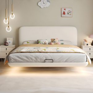 "White Art Deco Pine Wood Standard Children Bed with Leatherette Headboard and Coir Mattress for Gender Neutral"