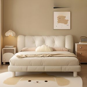 "White Rubberwood Standard Children Bed with Leatherette Upholstery, Headboard, Coir Mattress, Underbed Storage, Gender Neutral"