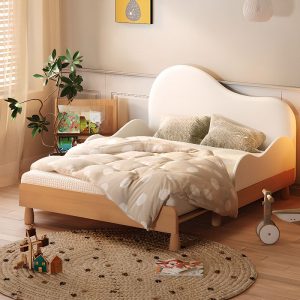 "Unfinished Color Minimalist Natural Wood Panel Standard Children Bed with Suede Upholstery, Headboard & Guardrail"
