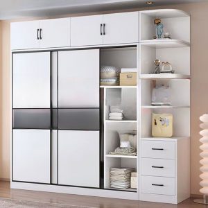 "White Composite Wood Children's Wardrobe with Shelf, Drawer, Clothing Rod, and Door"
