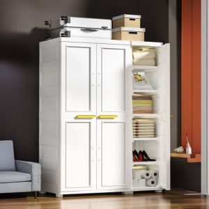 "Versatile Children's Wardrobe with Synthetic Material, Shelf, Drawer, Clothing Rod, and Door"
