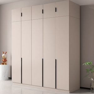 "Beige Lumber Children's Wardrobe with Shelf, Clothing Rod, and Door"