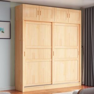 "Tan Lumber Children's Wardrobe with Shelf, Clothing Rod, and Door"