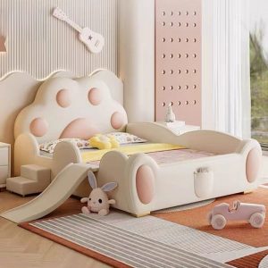 "Chic Chalk/Peony Lumber Panel Standard Kids Bed with Pleather Upholstery, Slide, Guardrail & Headboard"